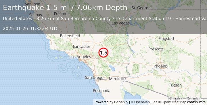 Earthquake 22 km N of Yucca Valley, CA (1.4 ml) (2025-01-26 01:32:03 UTC)