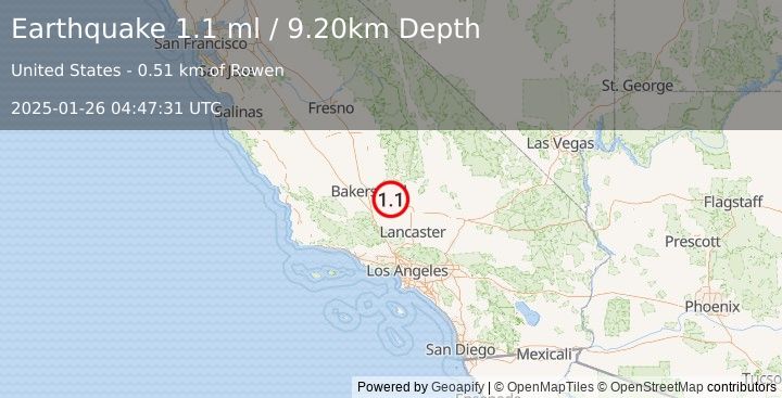 Earthquake 16 km NW of Tehachapi, CA (1.1 ml) (2025-01-26 04:47:31 UTC)