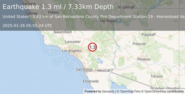 Earthquake 22 km N of Yucca Valley, CA (1.3 ml) (2025-01-26 05:55:24 UTC)