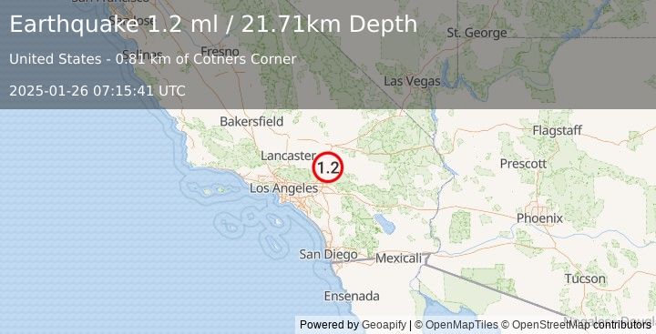 Earthquake 5 km ENE of Apple Valley, CA (1.0 ml) (2025-01-26 07:15:40 UTC)