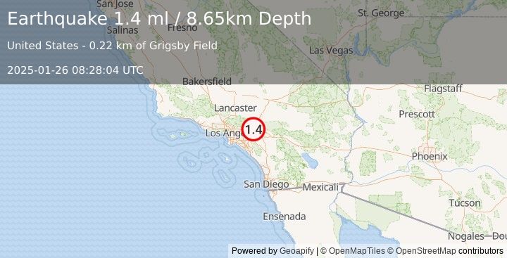 Earthquake 3 km NNE of Rancho Cucamonga, CA (1.4 ml) (2025-01-26 08:28:04 UTC)