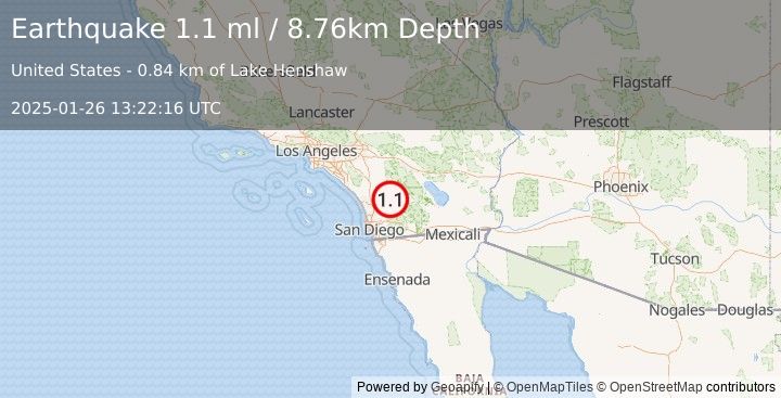 Earthquake 2 km ESE of Lake Henshaw, CA (1.1 ml) (2025-01-26 13:22:16 UTC)