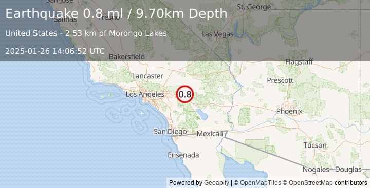 Earthquake 4 km E of Morongo Valley, CA (0.8 ml) (2025-01-26 14:06:52 UTC)