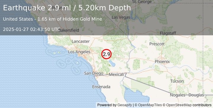 Earthquake 19 km ENE of Thousand Palms, CA (2.9 ml) (2025-01-27 02:43:50 UTC)