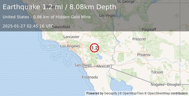 Earthquake 20 km ENE of Thousand Palms, CA (1.2 ml) (2025-01-27 02:45:16 UTC)