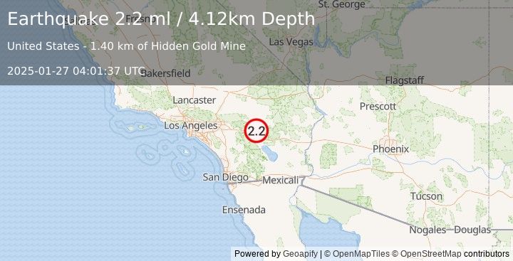 Earthquake 19 km ENE of Thousand Palms, CA (2.2 ml) (2025-01-27 04:01:37 UTC)