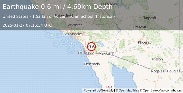 Earthquake 8 km NNW of Julian, CA (0.6 ml) (2025-01-27 07:16:54 UTC)