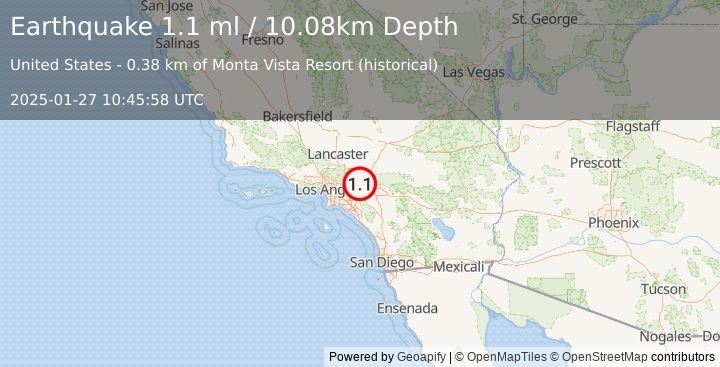 Earthquake 6 km N of Upland, CA (1.1 ml) (2025-01-27 10:45:59 UTC)