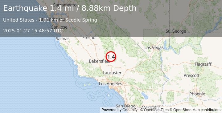 Earthquake 24 km ESE of Kernville, CA (1.4 ml) (2025-01-27 15:48:57 UTC)