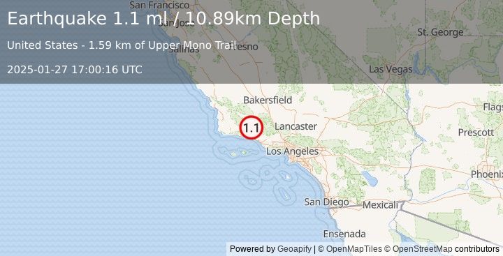 Earthquake 25 km NNE of Montecito, CA (1.1 ml) (2025-01-27 17:00:16 UTC)