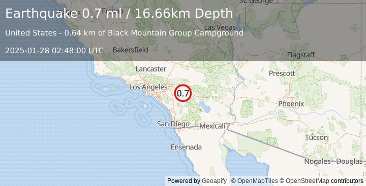 Earthquake 10 km NNW of Idyllwild, CA (0.7 ml) (2025-01-28 02:48:00 UTC)