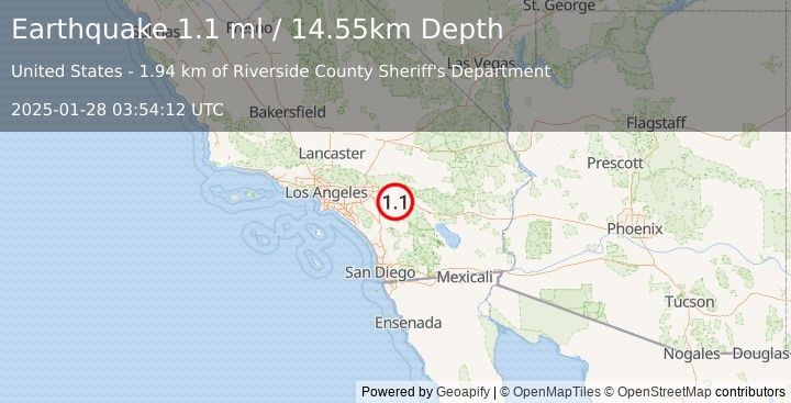 Earthquake 4 km SSE of Banning, CA (1.1 ml) (2025-01-28 03:54:12 UTC)