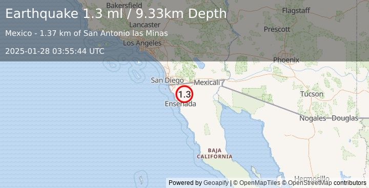 Earthquake 42 km NNE of Ensenada, B.C., MX (1.3 ml) (2025-01-28 03:55:44 UTC)