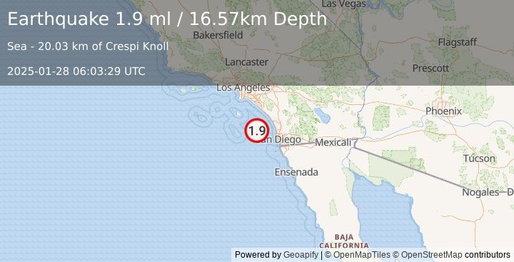 Earthquake 50 km WSW of Encinitas, CA (1.9 ml) (2025-01-28 06:03:29 UTC)