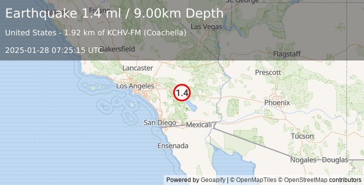 Earthquake 10 km N of Indio, CA (1.4 ml) (2025-01-28 07:25:15 UTC)