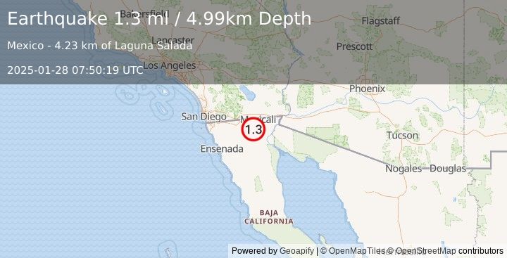 Earthquake 11 km S of Progreso, B.C., MX (1.3 ml) (2025-01-28 07:50:21 UTC)