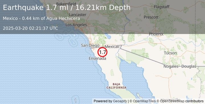 Earthquake 44 km SSE of Campo, CA (1.7 ml) (2025-03-20 02:21:37 UTC)