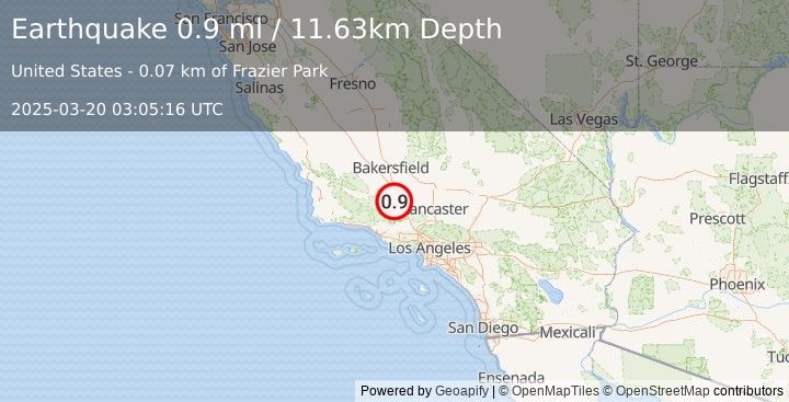 Earthquake 0 km ESE of Frazier Park, CA (0.9 ml) (2025-03-20 03:05:16 UTC)