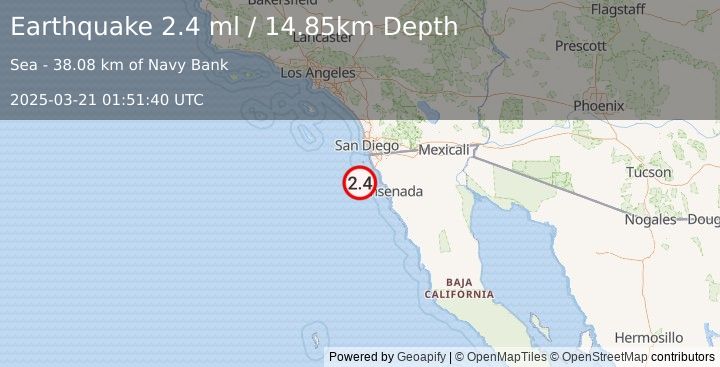 Earthquake 45 km WSW of Primo Tapia, B.C., MX (2.4 ml) (2025-03-21 01:51:40 UTC)