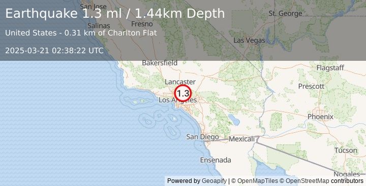 Earthquake 15 km NNE of Sierra Madre, CA (1.3 ml) (2025-03-21 02:38:22 UTC)