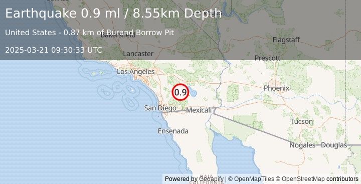 Earthquake 10 km ENE of Borrego Springs, CA (0.9 ml) (2025-03-21 09:30:33 UTC)