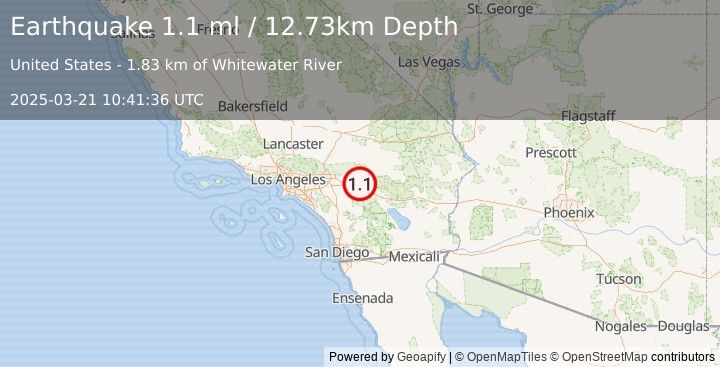 Earthquake 11 km SW of Morongo Valley, CA (1.1 ml) (2025-03-21 10:41:36 UTC)