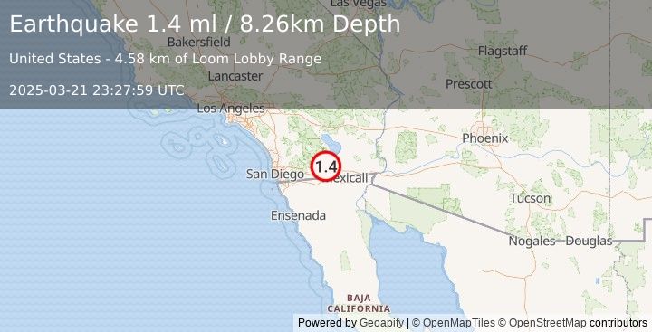 Earthquake 16 km NNE of Ocotillo, CA (1.4 ml) (2025-03-21 23:27:59 UTC)