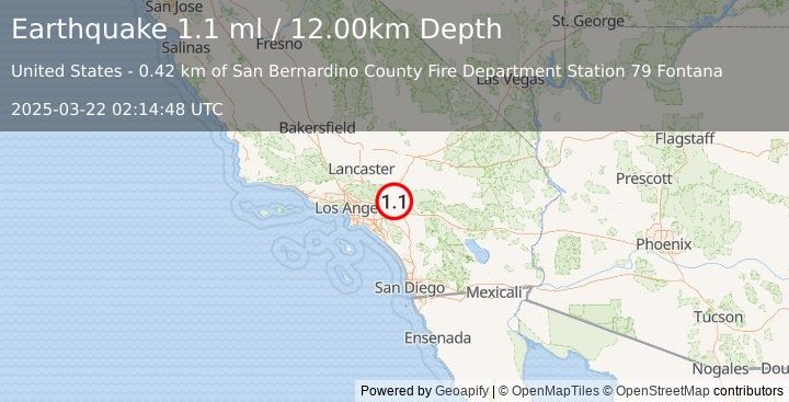 Earthquake 7 km N of Fontana, CA (1.1 ml) (2025-03-22 02:14:48 UTC)