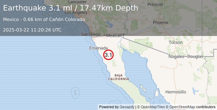 Earthquake 73 km ESE of Maneadero, B.C., MX (3.1 ml) (2025-03-22 11:20:26 UTC)