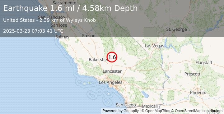 Earthquake 12 km SE of Bodfish, CA (1.4 ml) (2025-03-23 07:03:38 UTC)