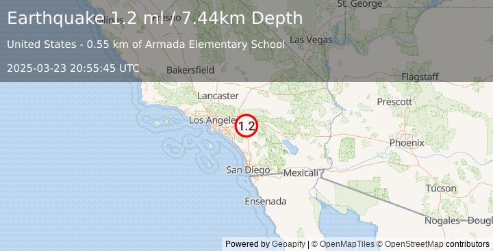 Earthquake 3 km SSE of Moreno Valley, CA (1.2 ml) (2025-03-23 20:55:45 UTC)