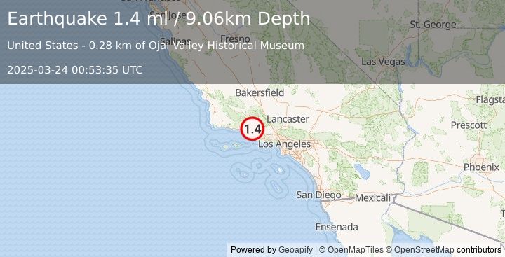 Earthquake 0 km SSE of Ojai, CA (1.4 ml) (2025-03-24 00:53:35 UTC)