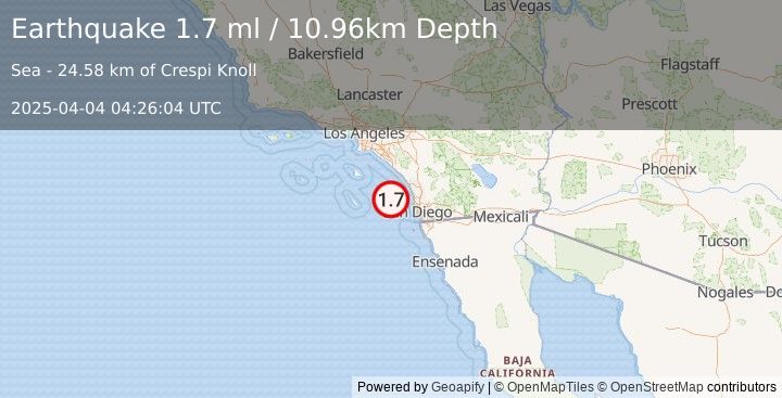 Earthquake 40 km WSW of Encinitas, CA (1.7 ml) (2025-04-04 04:26:04 UTC)