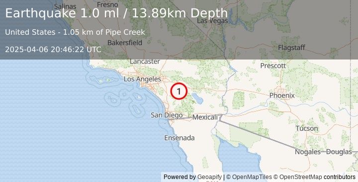 Earthquake 7 km NE of Anza, CA (1.0 ml) (2025-04-06 20:46:22 UTC)