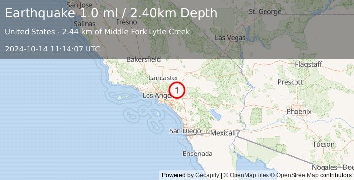 Earthquake 3 km SW of Lytle Creek, CA (1.0 ml) (2024-10-14 11:14:07 UTC)