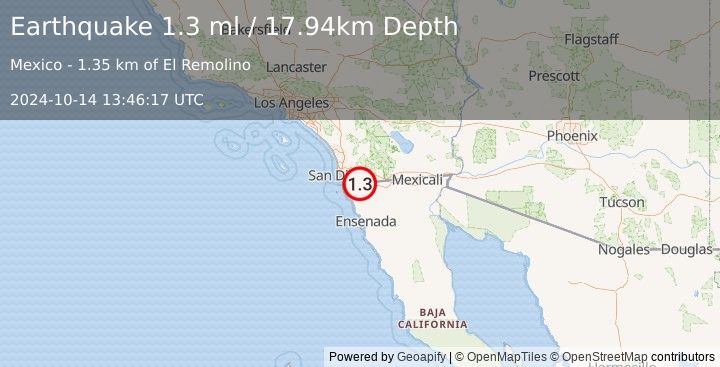 Earthquake 9 km W of Tecate, B.C., MX (1.3 ml) (2024-10-14 13:46:17 UTC)