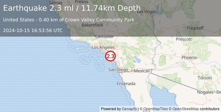 Earthquake 1 km NW of Laguna Niguel, CA (2.3 ml) (2024-10-15 16:53:56 UTC)