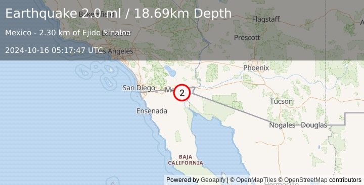 Earthquake 7 km ESE of Puebla, B.C., MX (2.0 ml) (2024-10-16 05:17:47 UTC)