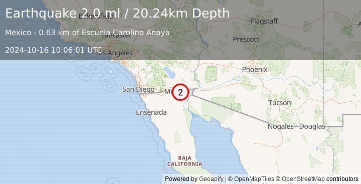 Earthquake 6 km NNE of Puebla, B.C., MX (2.0 ml) (2024-10-16 10:06:01 UTC)