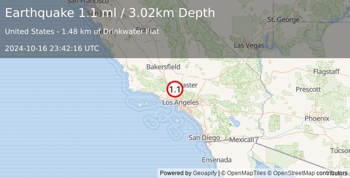 Earthquake 13 km NE of Valencia, CA (1.1 ml) (2024-10-16 23:42:16 UTC)