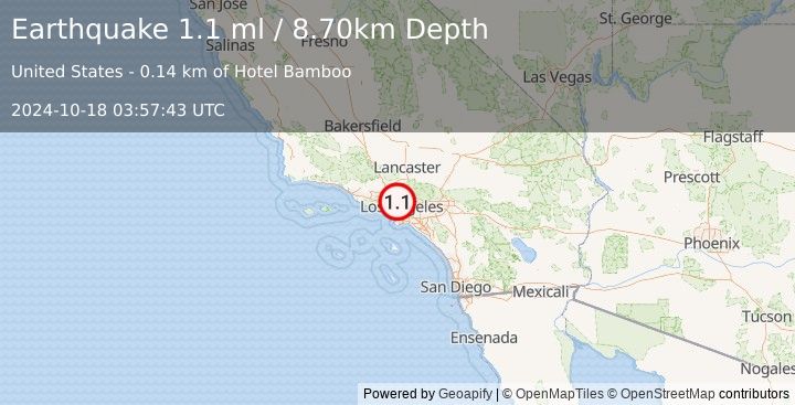 Earthquake 2 km N of Hollywood, CA (1.1 ml) (2024-10-18 03:57:43 UTC)