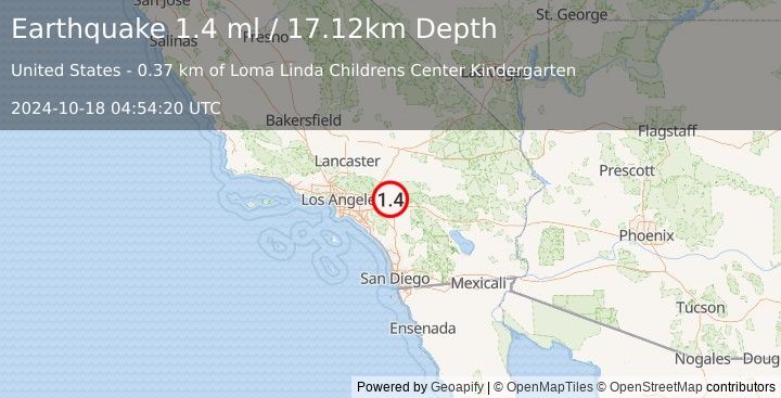 Earthquake 1 km NNE of Loma Linda, CA (1.4 ml) (2024-10-18 04:54:20 UTC)