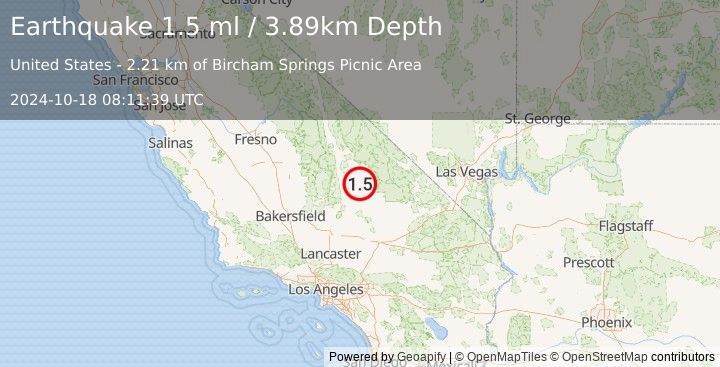 Earthquake 22 km NNW of Searles Valley, CA (1.5 ml) (2024-10-18 08:11:39 UTC)