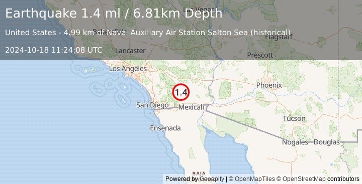 Earthquake 13 km SSE of Salton City, CA (1.4 ml) (2024-10-18 11:24:08 UTC)