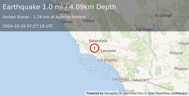 Earthquake 16 km WNW of Pine Mountain Club, CA (1.0 ml) (2024-10-19 07:27:18 UTC)