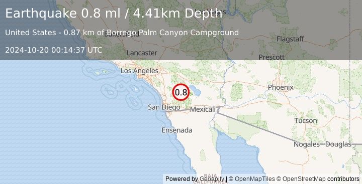 Earthquake 5 km WNW of Borrego Springs, CA (0.8 ml) (2024-10-20 00:14:37 UTC)