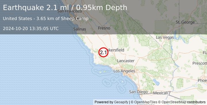 Earthquake 22 km SE of Simmler, CA (2.1 ml) (2024-10-20 13:35:05 UTC)