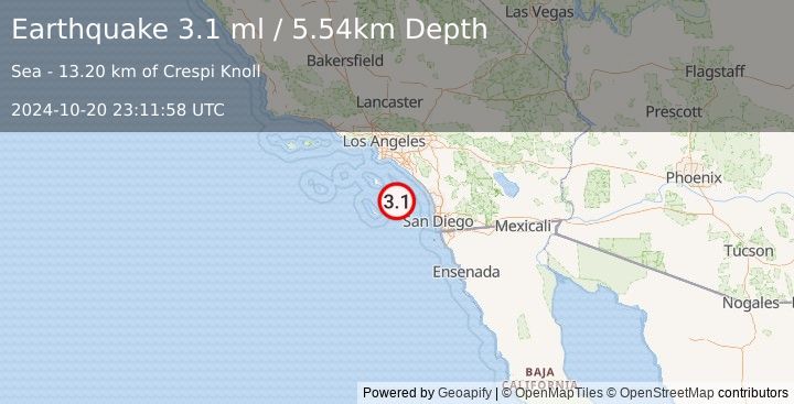 Earthquake 41 km NE of San Clemente Is. (SE tip), CA (3.1 ml) (2024-10-20 23:11:58 UTC)