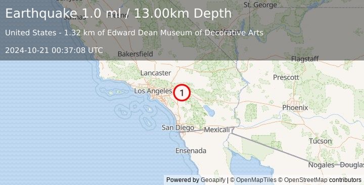 Earthquake 6 km E of Calimesa, CA (1.0 ml) (2024-10-21 00:37:08 UTC)