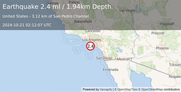 Earthquake 17 km SSW of San Pedro, CA (2.4 ml) (2024-10-21 02:12:07 UTC)